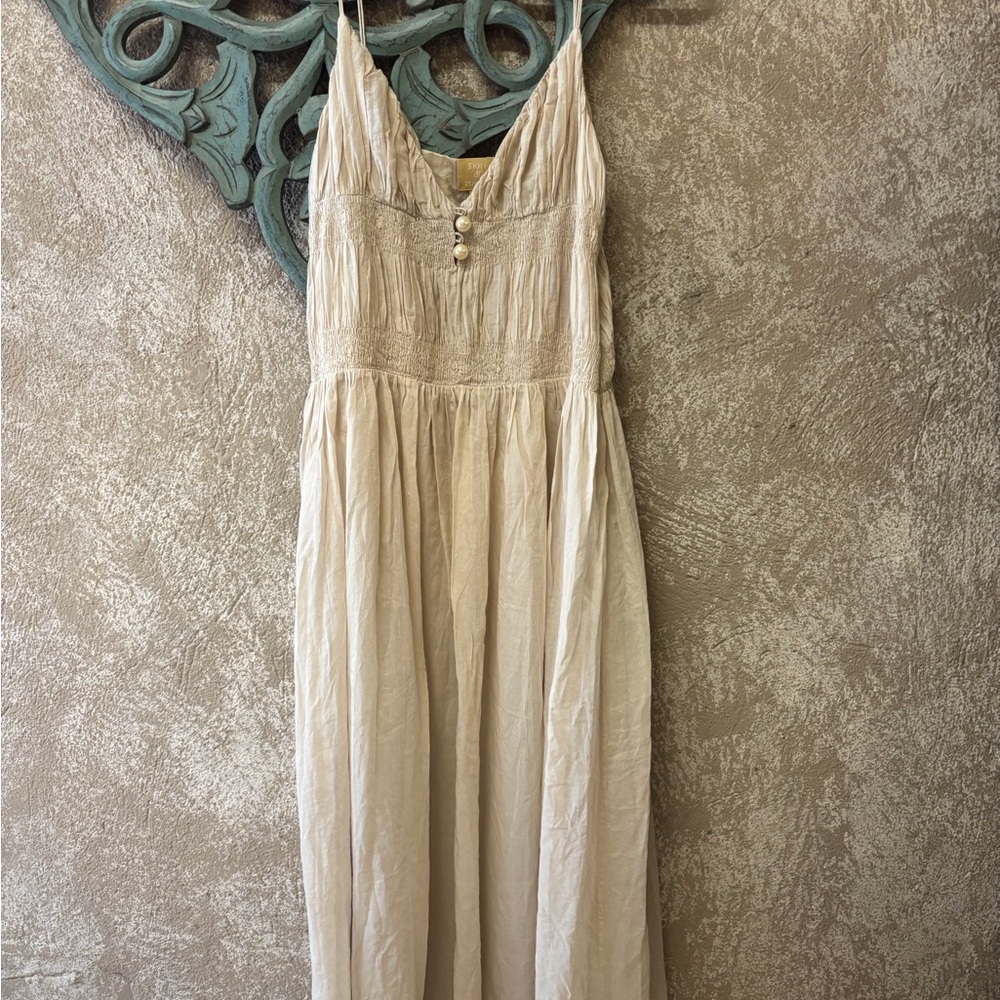 Cream Sleeveless V-neck Maxi Dress with Button Detail